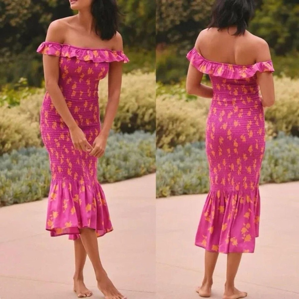 CELANDINE OFF-THE-SHOULDER SMOCKED MIDI DRESS, Size XL, new with tag